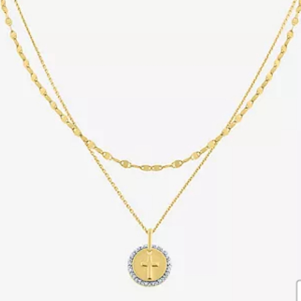 2pc Diamond Necklace 14k gold over silver chain 18 inches - Picture 2 of 3